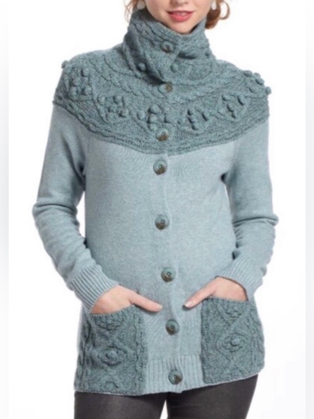 Anthropologie Sleeping On Snow Wool Sweater Small Grey Knit Pom Pom Cardigan